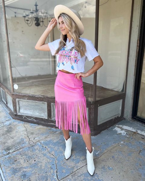 Pink fringe skirt online