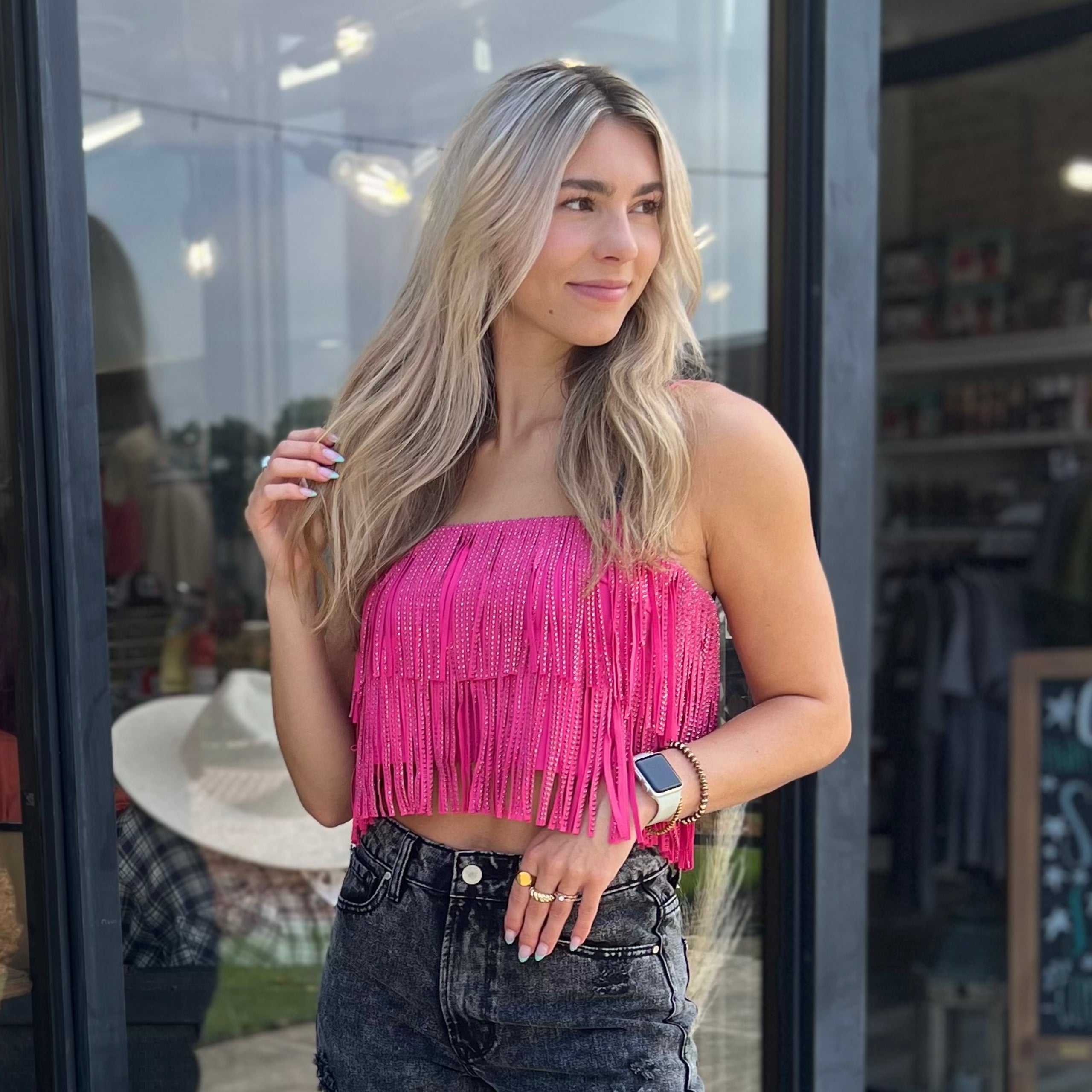 Pink fringe crop top store